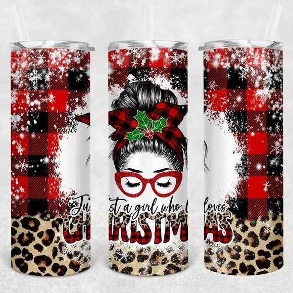 Custom 20oz Stainless Steel Tumbler Just a Girl Who Loves Christmas Messy Bun - Picture 1 of 1